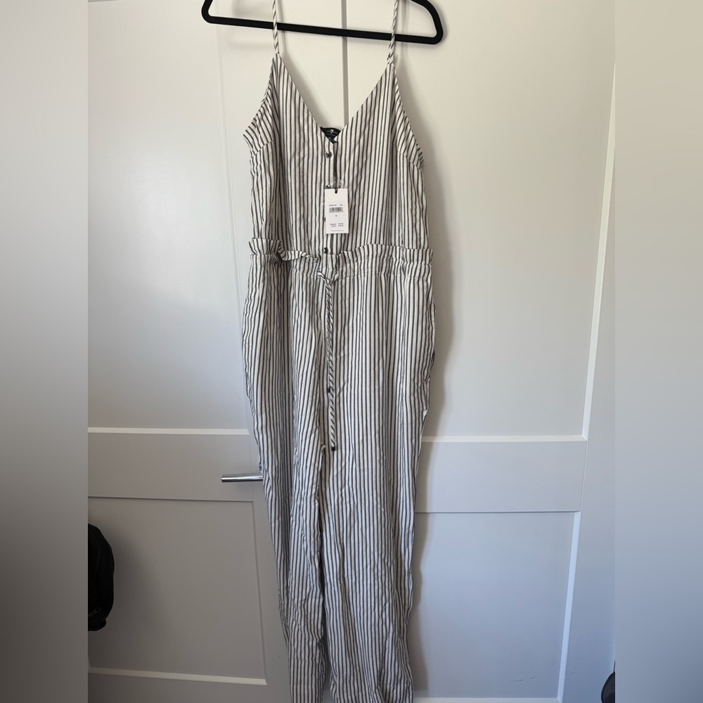 NWT- 7 For All Mankind Navy and White Striped pocket jumpsuit